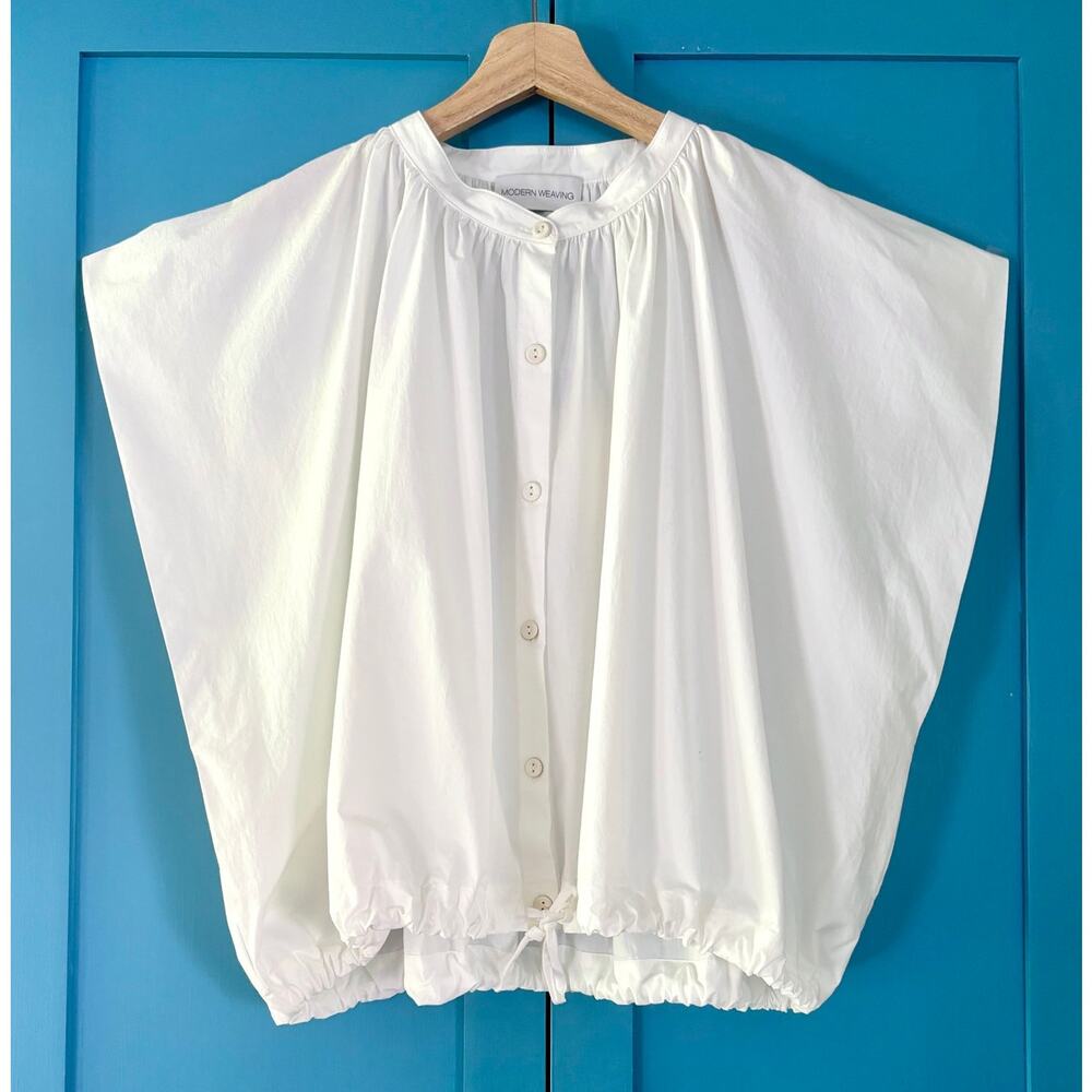 $310 NEW Modern Weaving White Pleated Drawstring Top Quiet Luxury- Size Large